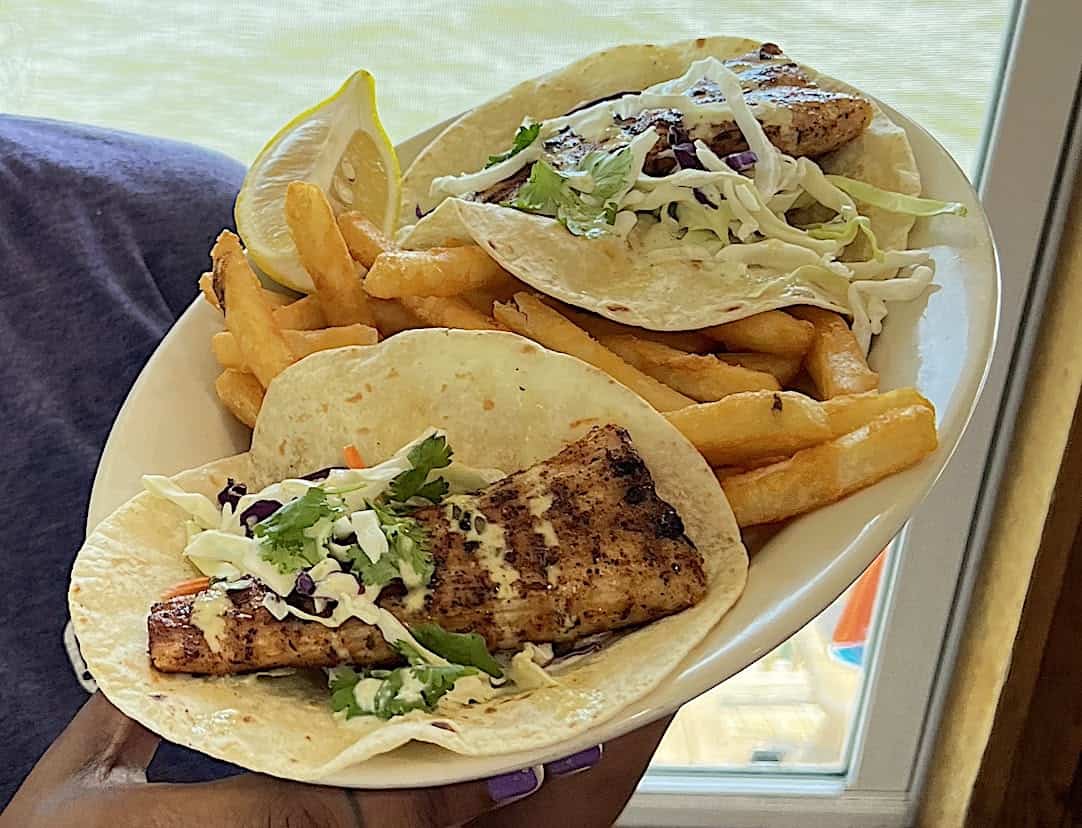 Gulf fish tacos with fries at Stingaree Restaurant in Crystal Beach