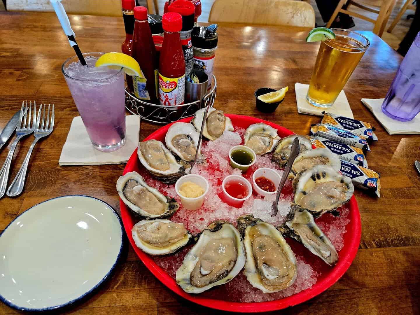 Fresh Gulf oysters on the half shell on ice at Katie's Seafood House in Galveston