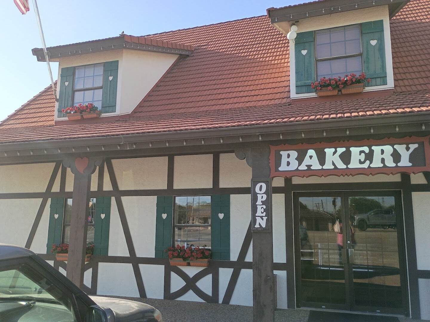 The half-timbered exterior of Haby's Alsatian Bakery in Castroville, Texas