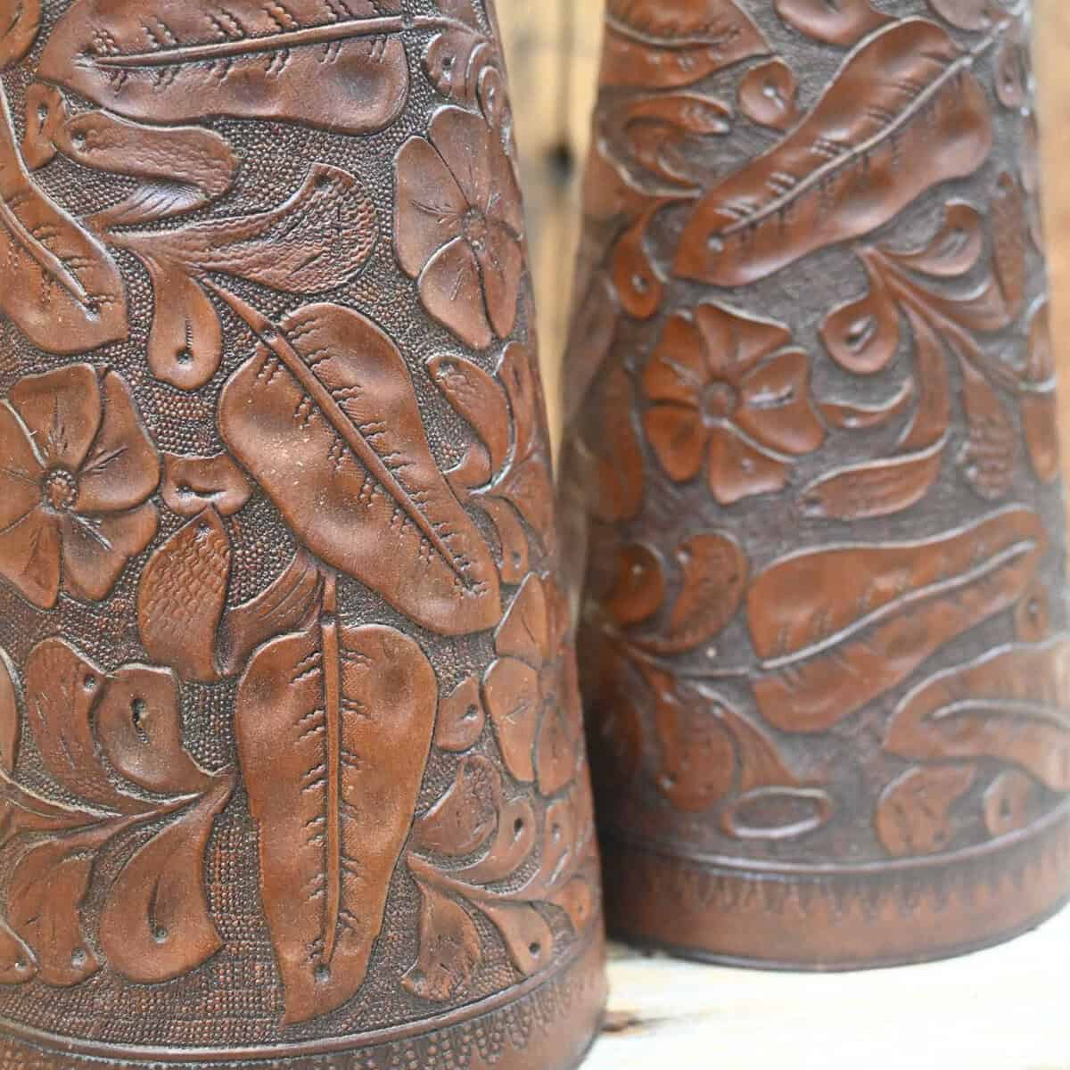 Hand-tooled floral leather cuffs at Teskey's in Weatherford, Texas
