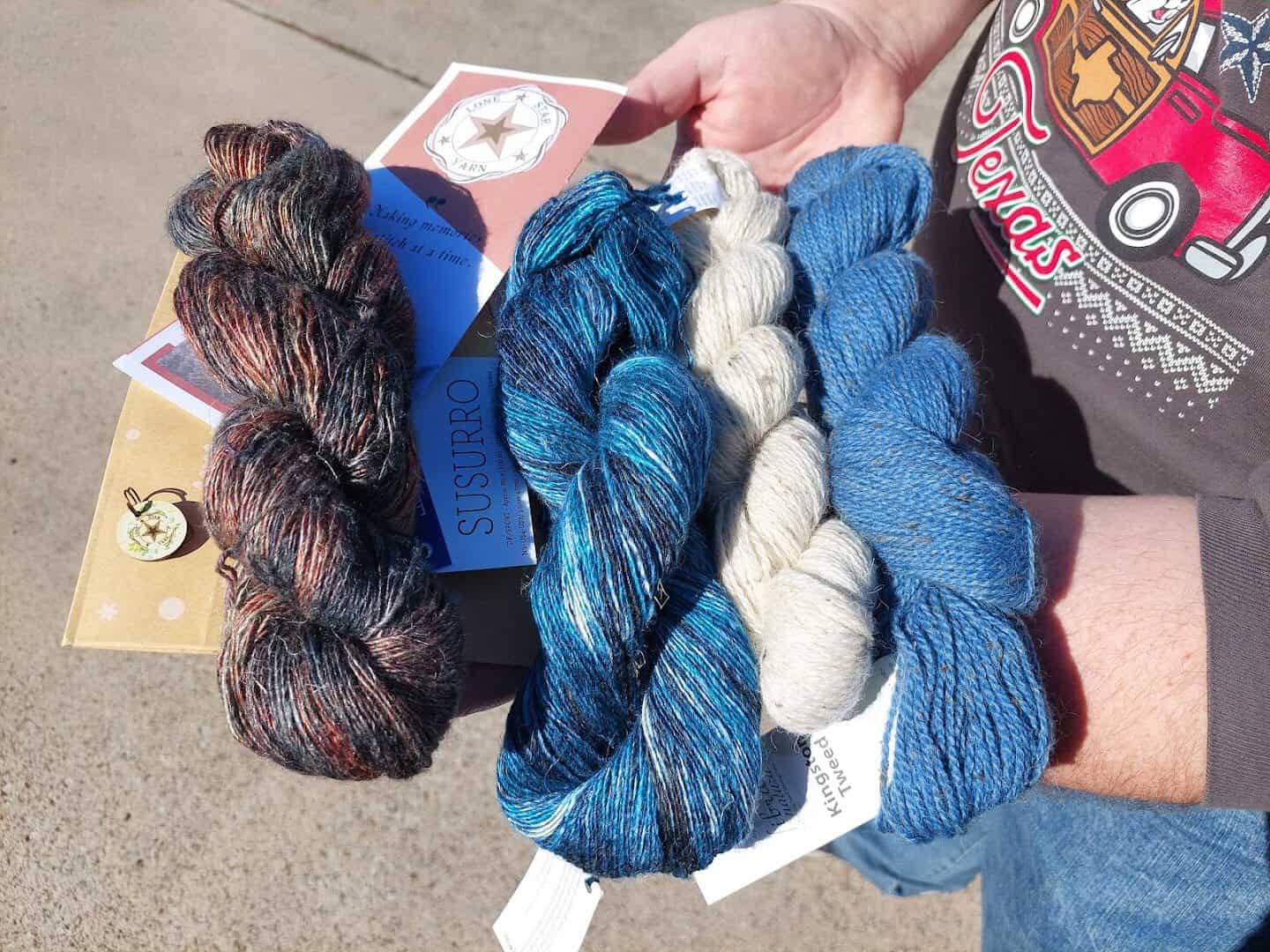 A handful of hand-dyed skeins at Lone Star Yarn in Bedford, Texas