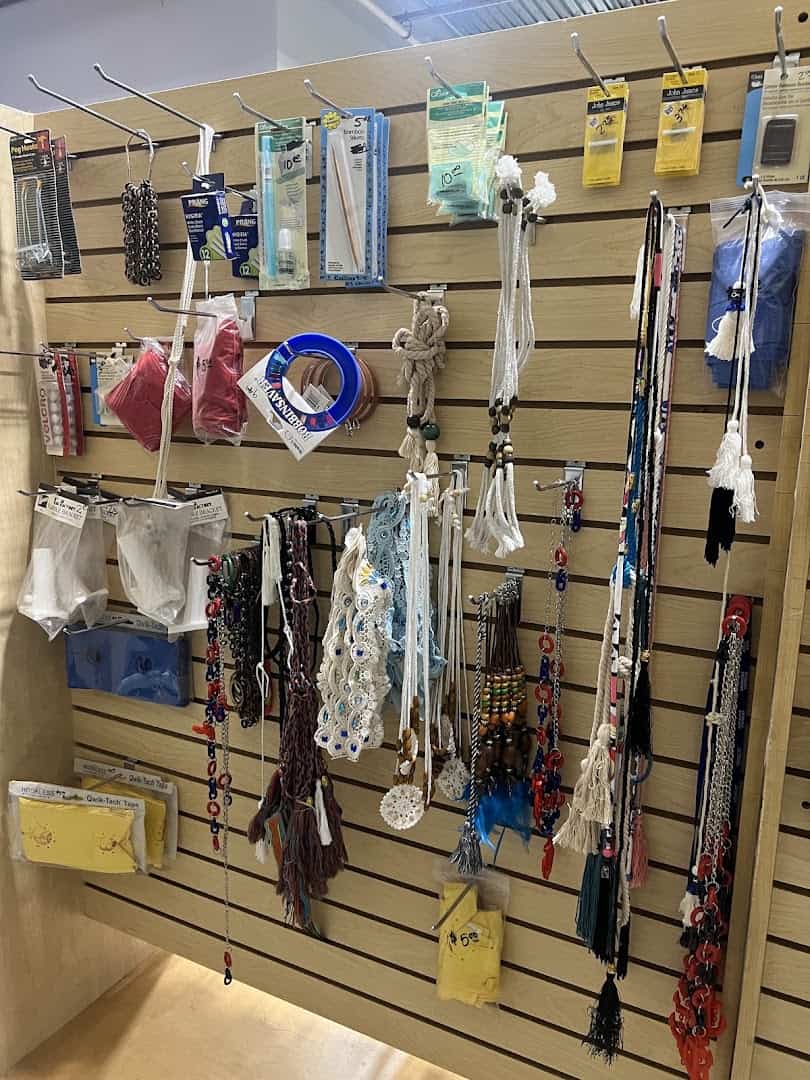 Wall of hanging notions and trims at Wherehouse Fabrics in Dallas