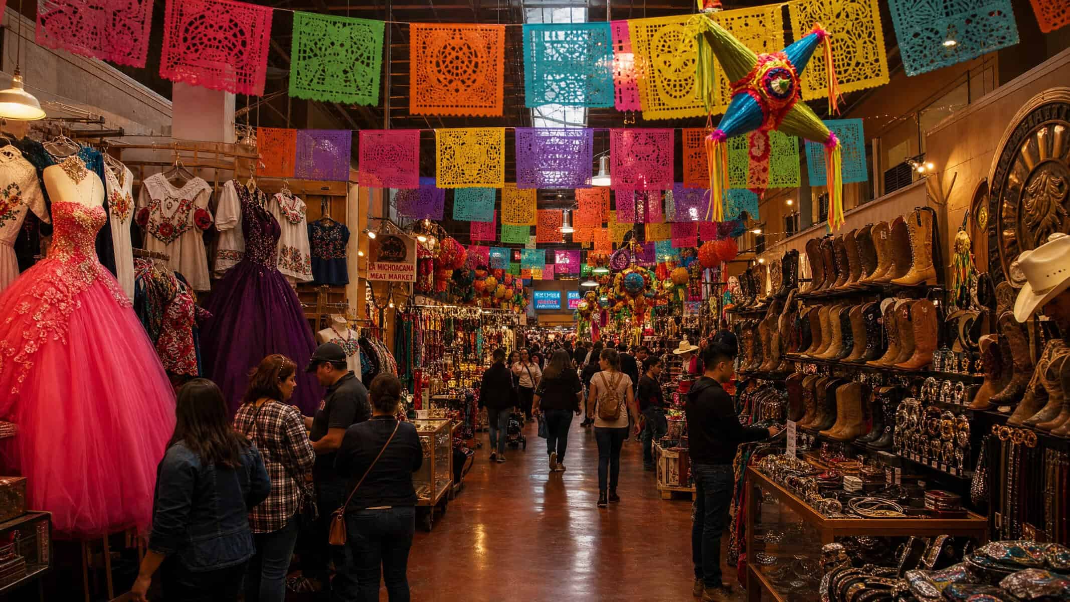 Shoppers walking a long aisle of stalls under papel picado at Harry Hines Bazaar in Dallas