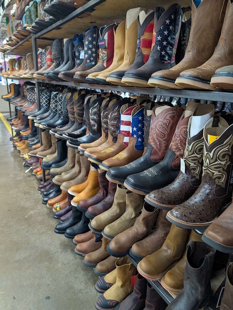 A wall of leather cowboy boots for sale at Harry Hines Bazaar in Dallas
