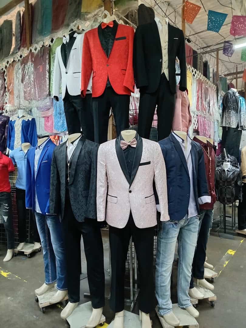 Colorful men's suits and blazers on display at Harry Hines Bazaar in Dallas