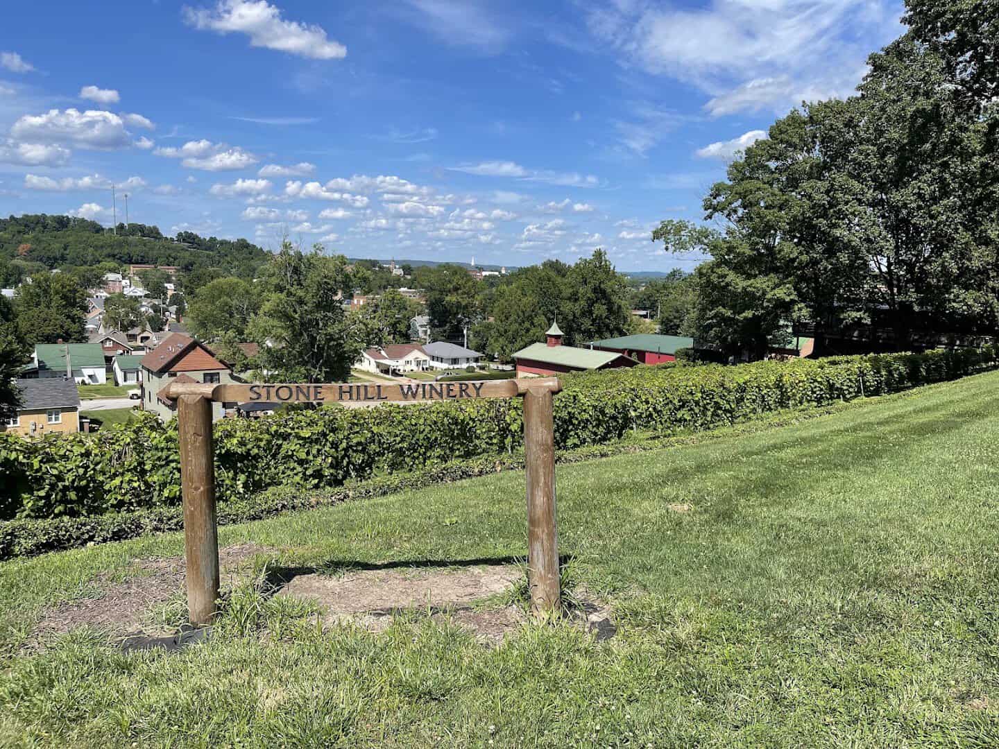 Vineyard and Stone Hill Winery sign above Hermann, Missouri