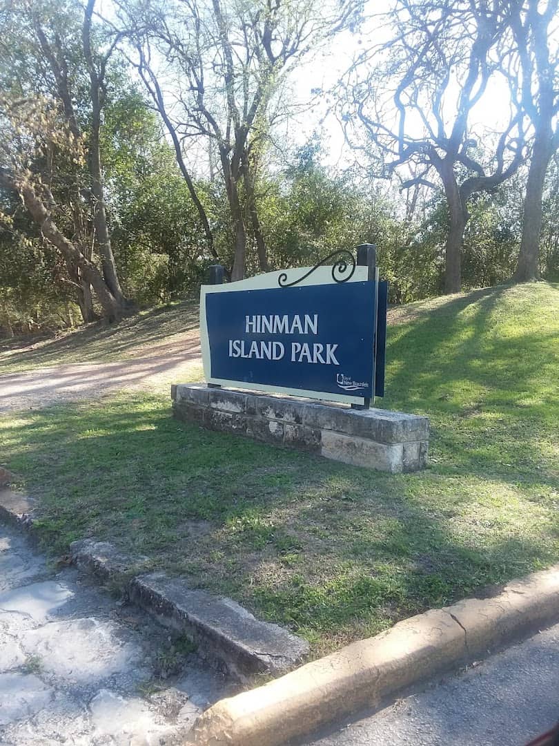 Hinman Island Park entrance sign in New Braunfels, Texas