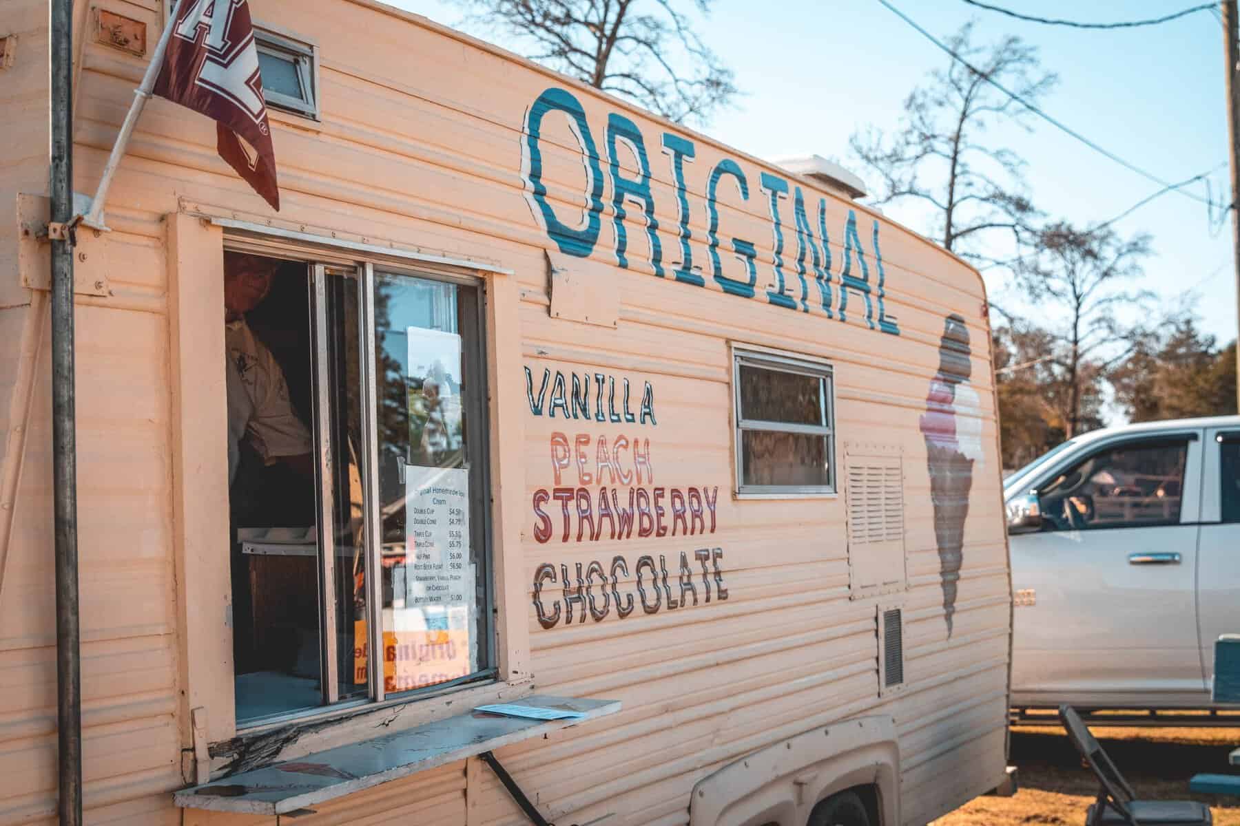 Homemade ice cream trailer with vanilla, peach, strawberry and chocolate at First Monday Trade Days in Canton