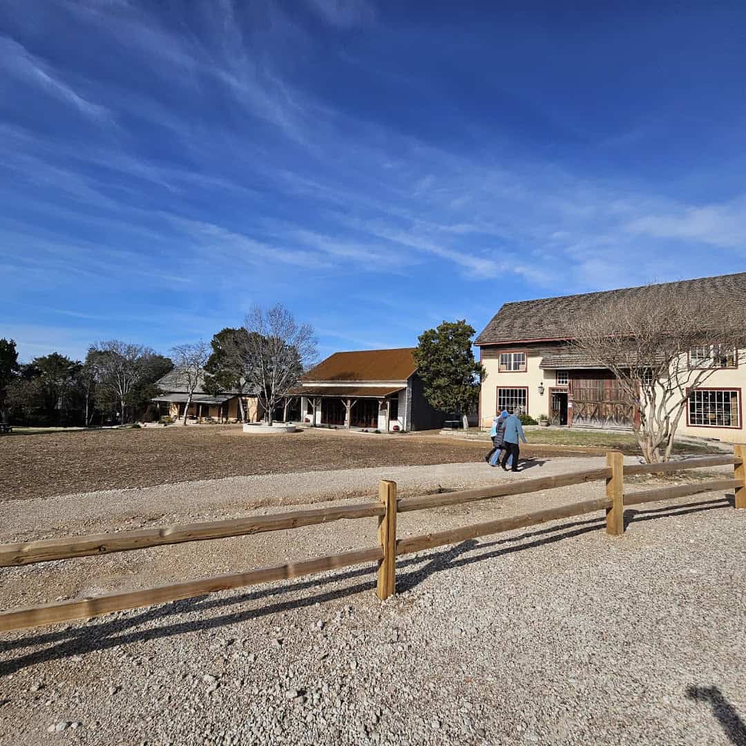 Historic barns and grounds at the Homestead Heritage farm village near Waco, Texas