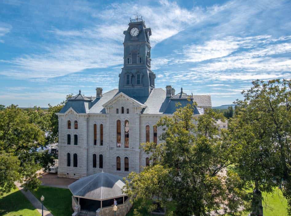 The historic Hood County Courthouse on the square in Granbury, Texas