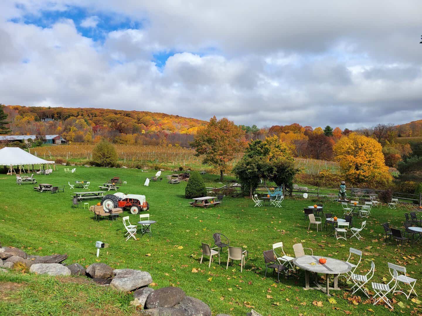 Autumn foliage over the vineyard at Hopkins Vineyard above Lake Waramaug, New Preston, Connecticut