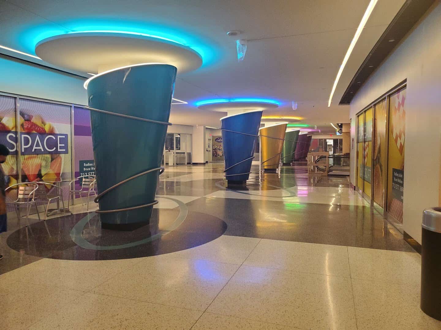 Colorful lighted sculptures in the SPACE area of the Houston tunnels