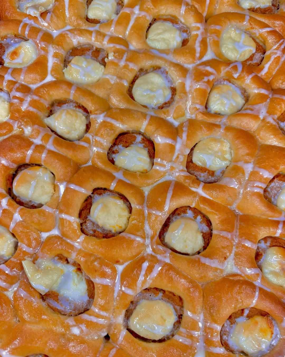 Tray of cream cheese kolaches at Hruska's Store & Bakery in Ellinger, Texas