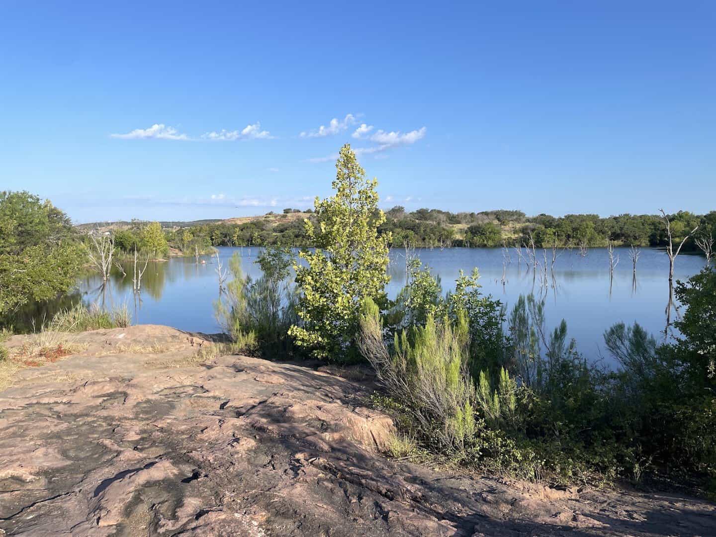 Calm blue water of Inks Lake with standing bare trees along a granite shore, Texas