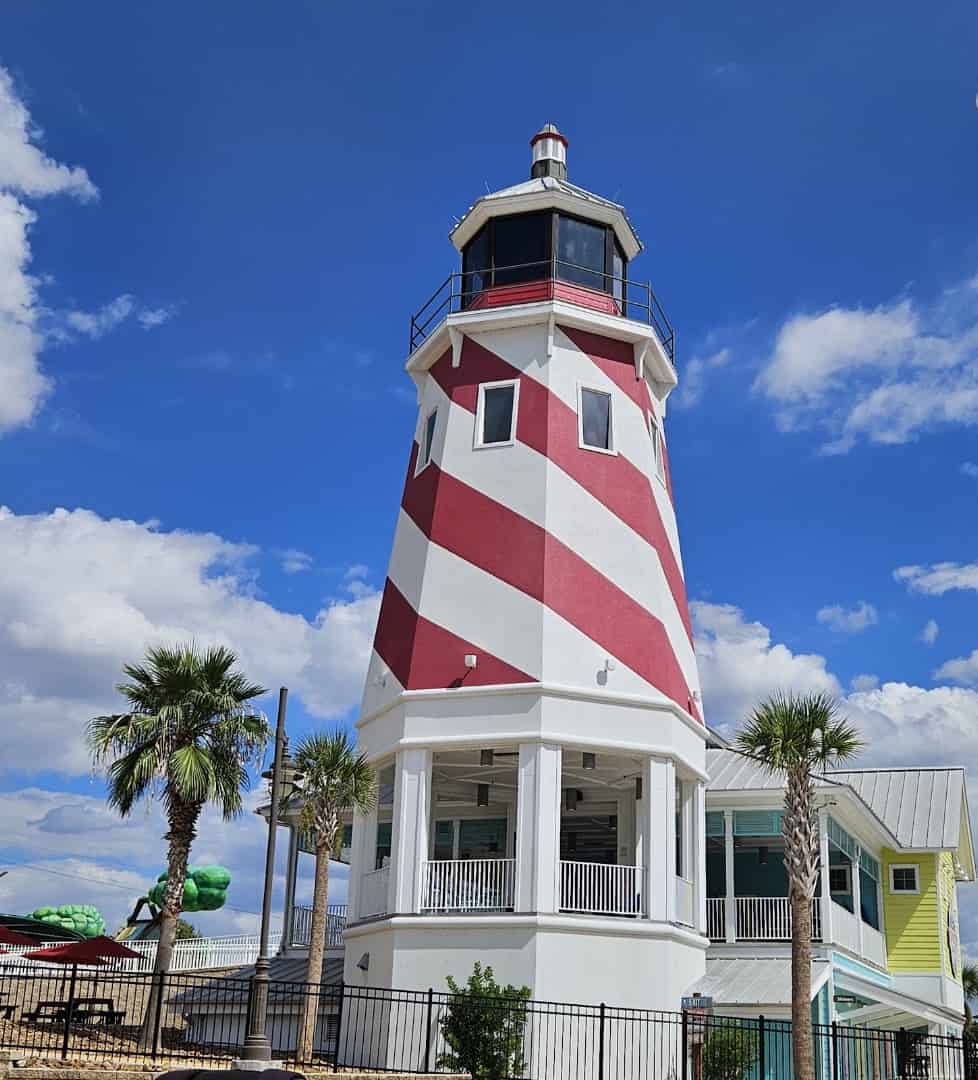 Red and white lighthouse landmark at Morgan's Inspiration Island