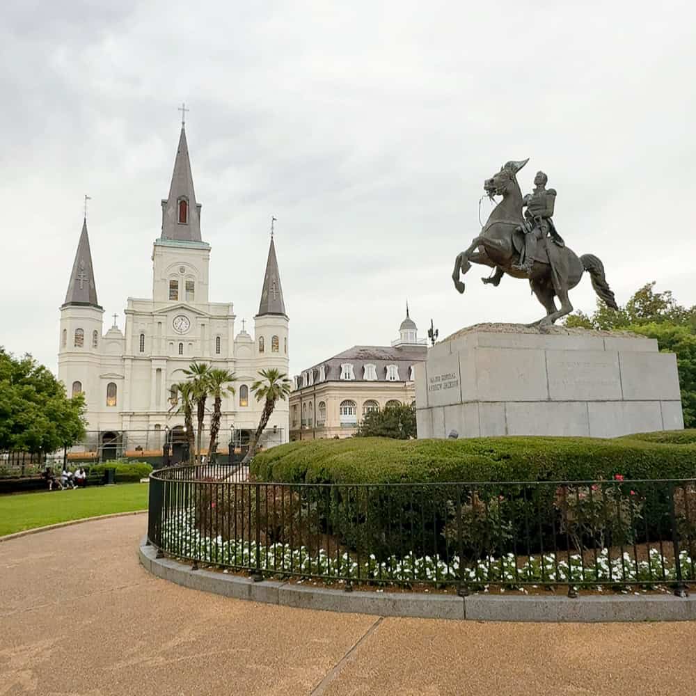 St. Louis Cathedral and the Andrew Jackson statue at Jackson Square in the French Quarter, New Orleans, Louisiana