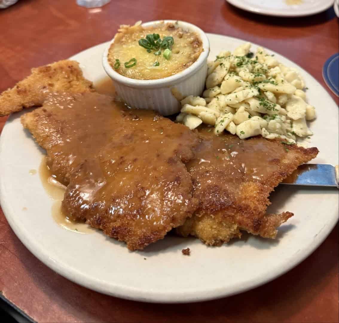 Jager schnitzel with mushroom gravy and spaetzle at Bavarian Grill in Plano, Texas