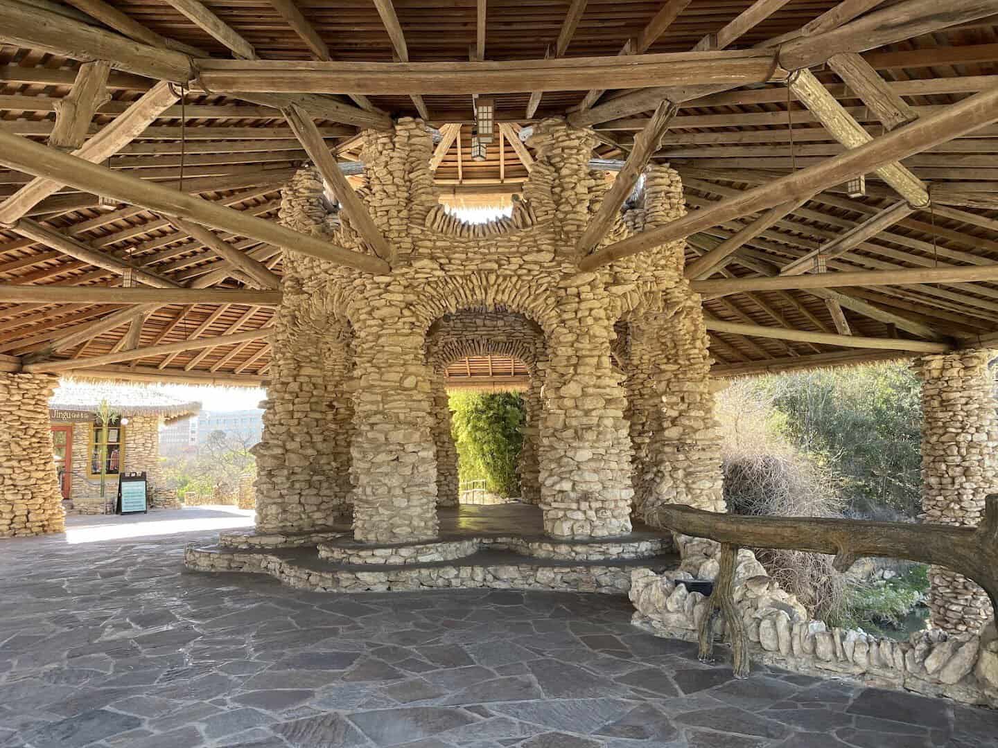Stone and timber pavilion interior at the Japanese Tea Garden in San Antonio