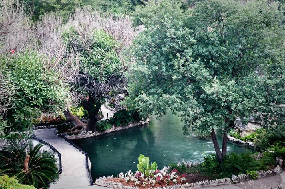 Koi pond and a stone bridge framed by greenery at the Japanese Tea Garden in San Antonio, Texas