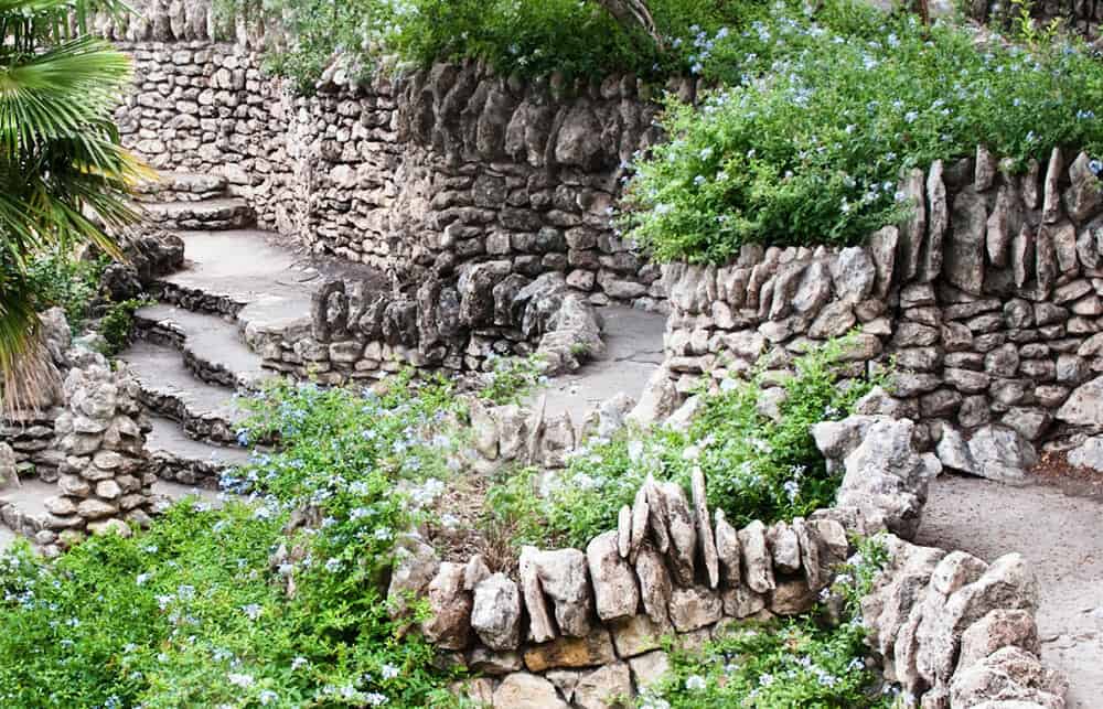 Stone terraces and lush plantings along the old quarry walls at the Japanese Tea Garden