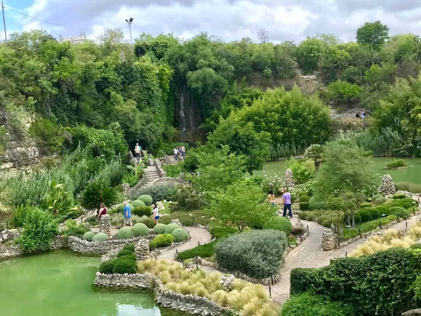 Sunken Japanese Tea Garden overview with pond and stone terraces in San Antonio
