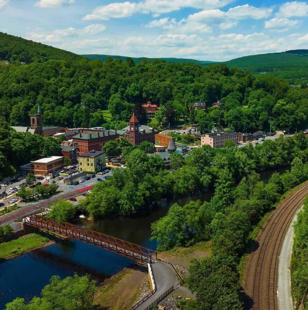 Aerial view of Jim Thorpe town folded into the Lehigh Gorge, Pennsylvania