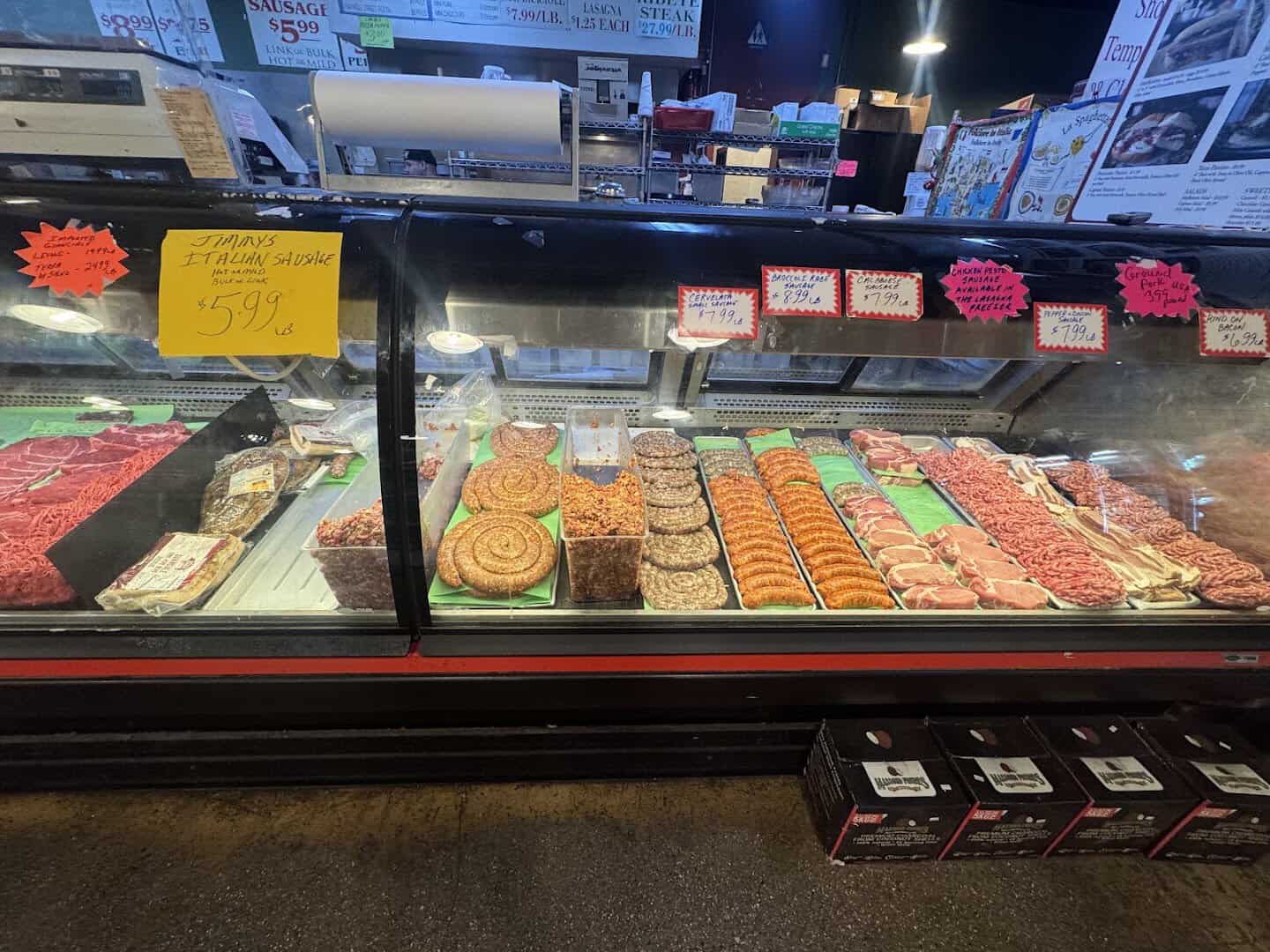 House-made Italian sausages in the butcher case at Jimmy's Food Store in Dallas