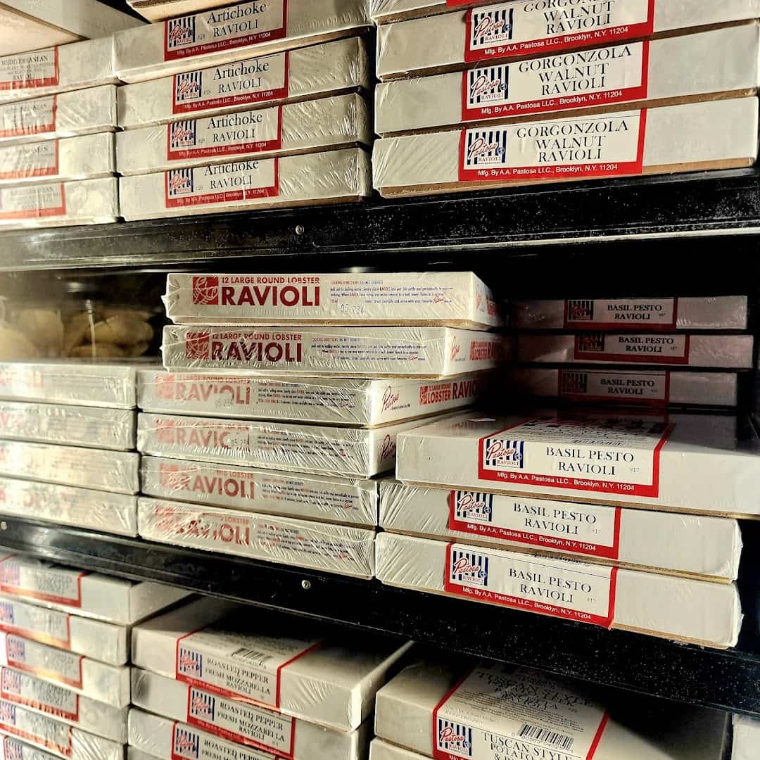 Boxes of fresh ravioli at Jimmy's Food Store in Dallas
