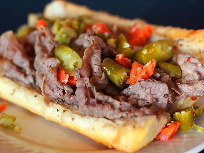 Italian beef sandwich with giardiniera at Jimmy's Food Store in Dallas