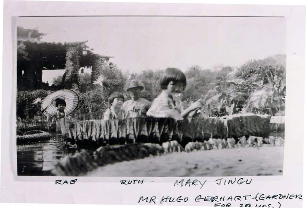 Archival photo of the Jingu children, Rae, Ruth and Mary, at the Japanese Tea Garden