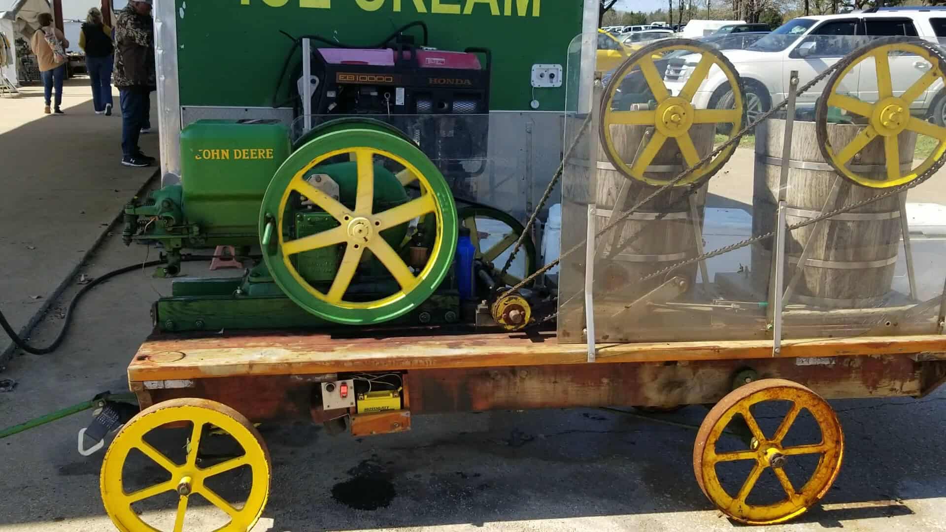 Antique John Deere engine churning homemade ice cream at First Monday Trade Days in Canton