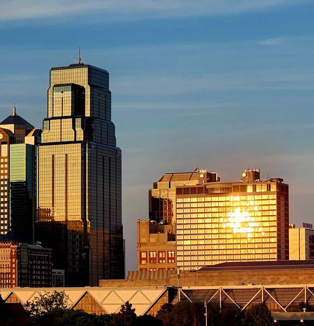 The downtown Kansas City skyline glowing at golden hour, Missouri