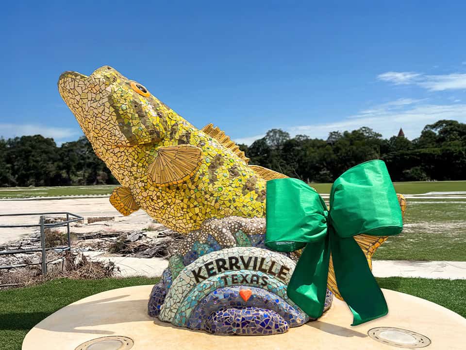 Lupe the Guadalupe bass mosaic sculpture at Louise Hays Park in Kerrville