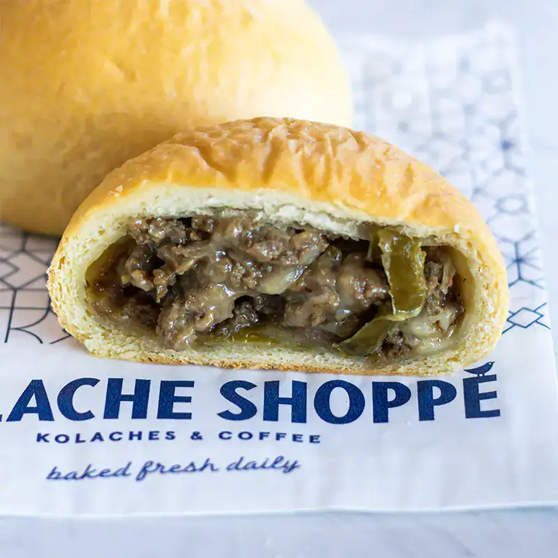 Brisket kolache cut open at the Kolache Shoppe in Houston, Texas