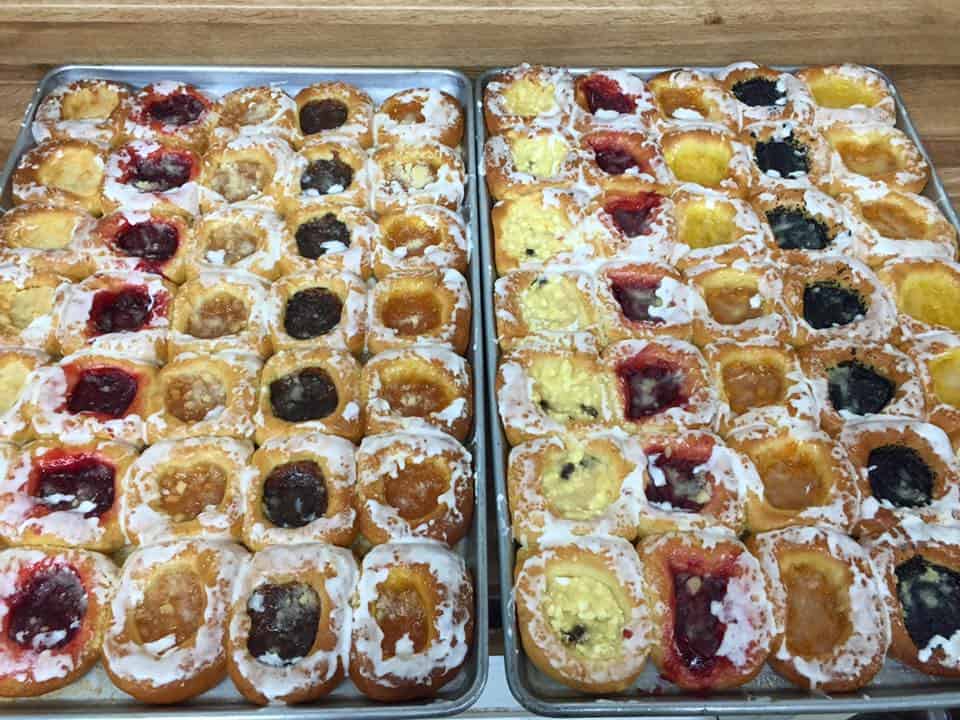Trays of fruit kolaches at Original Kountry Bakery in Schulenburg, Texas