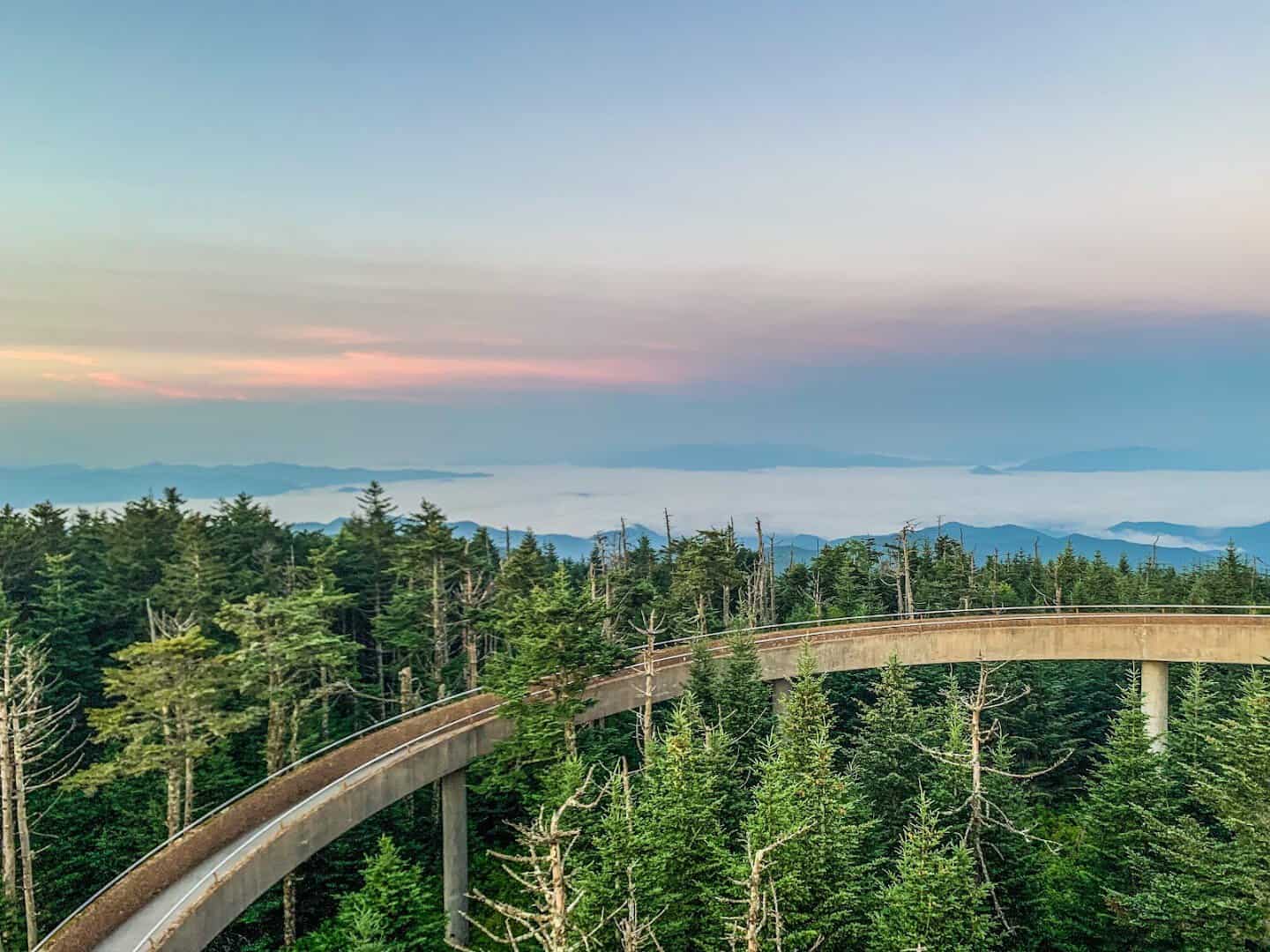 The spiral observation tower ramp and forested ridges at Kuwohi, Great Smoky Mountains, Tennessee