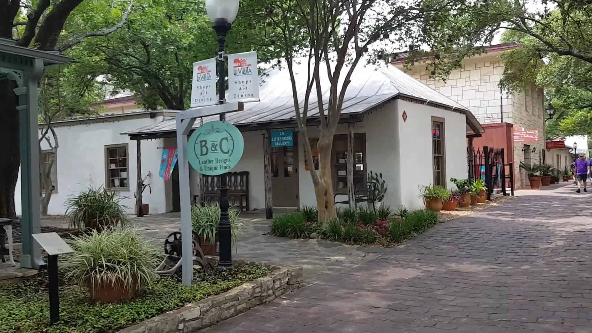 Cobblestone lane of galleries and shops at La Villita in San Antonio