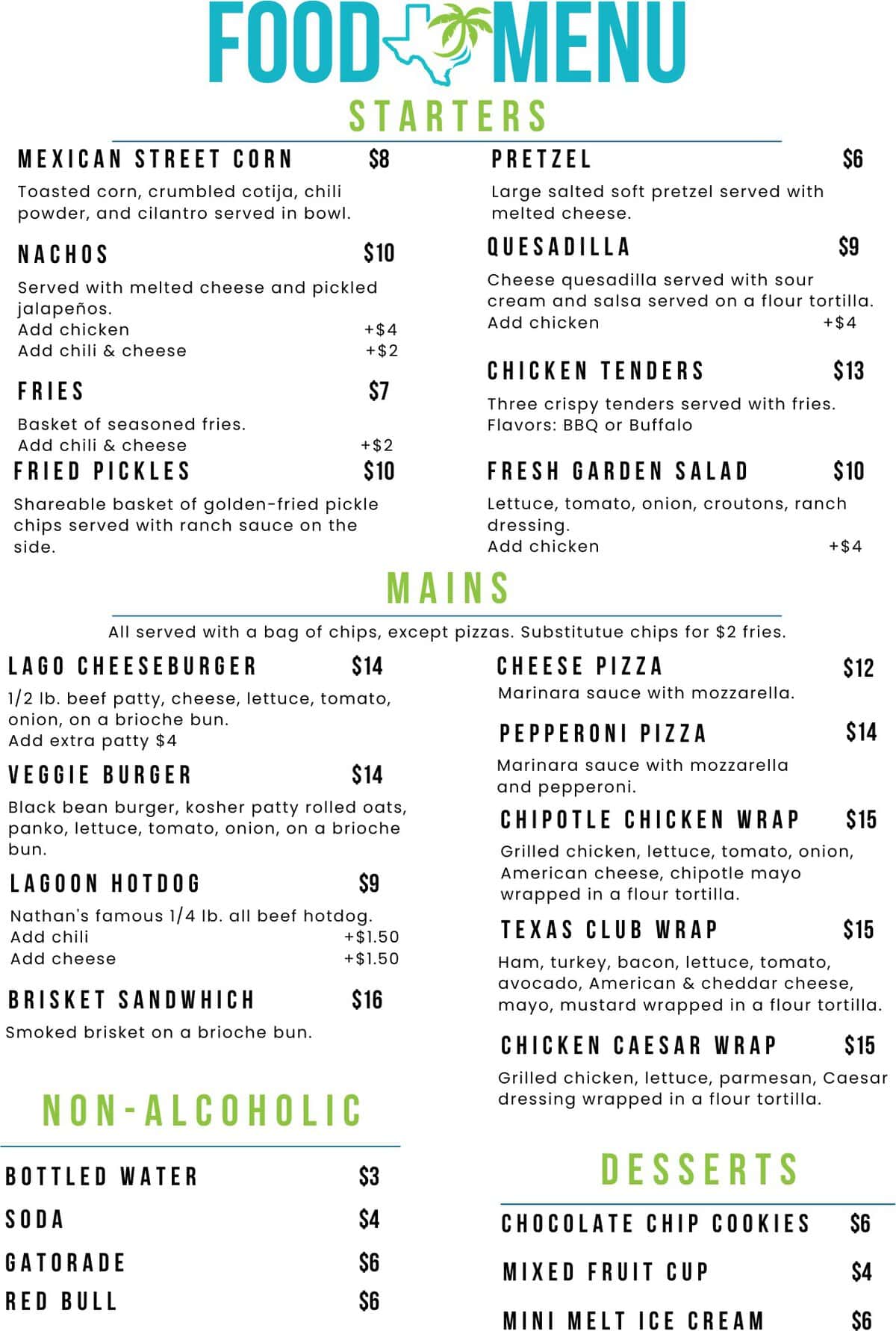 Food menu at the Lago Mar Lagoonfest beach club in Texas City