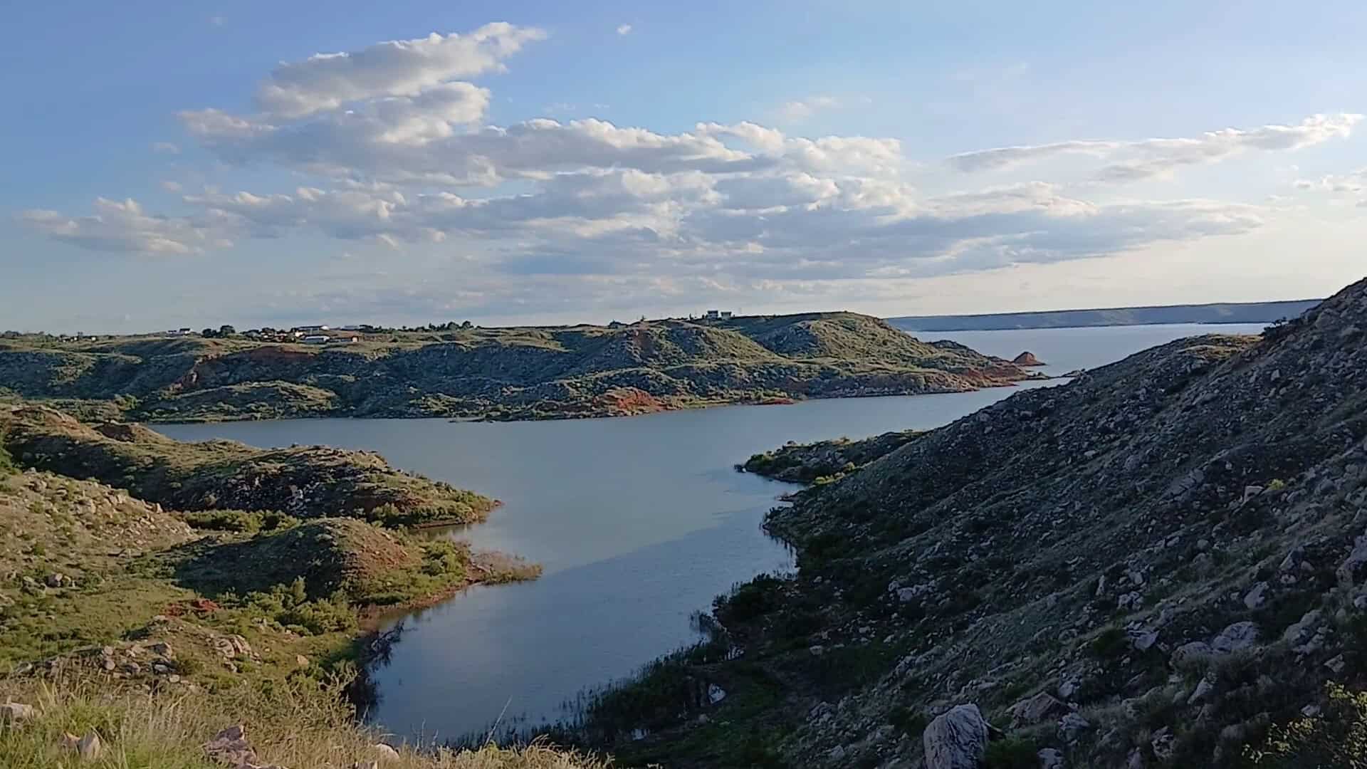 Panoramic view of Lake Meredith with red and tan canyon shoreline