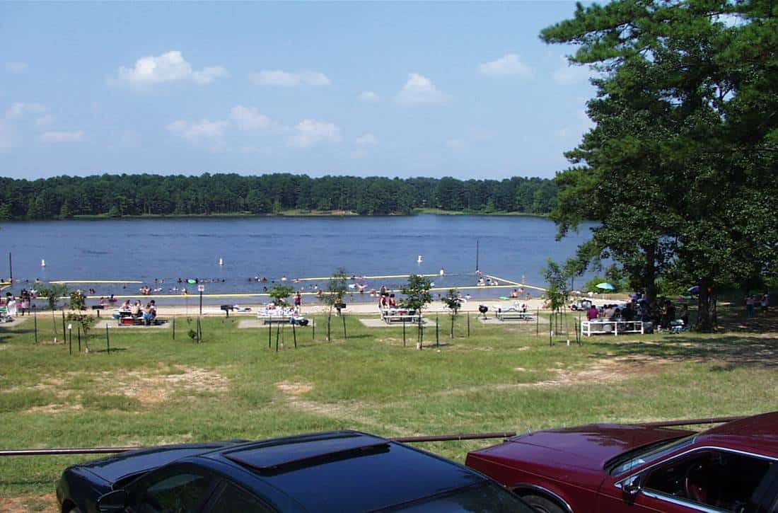 Swimming beach and open water at a day-use area on Lake O' the Pines, Texas