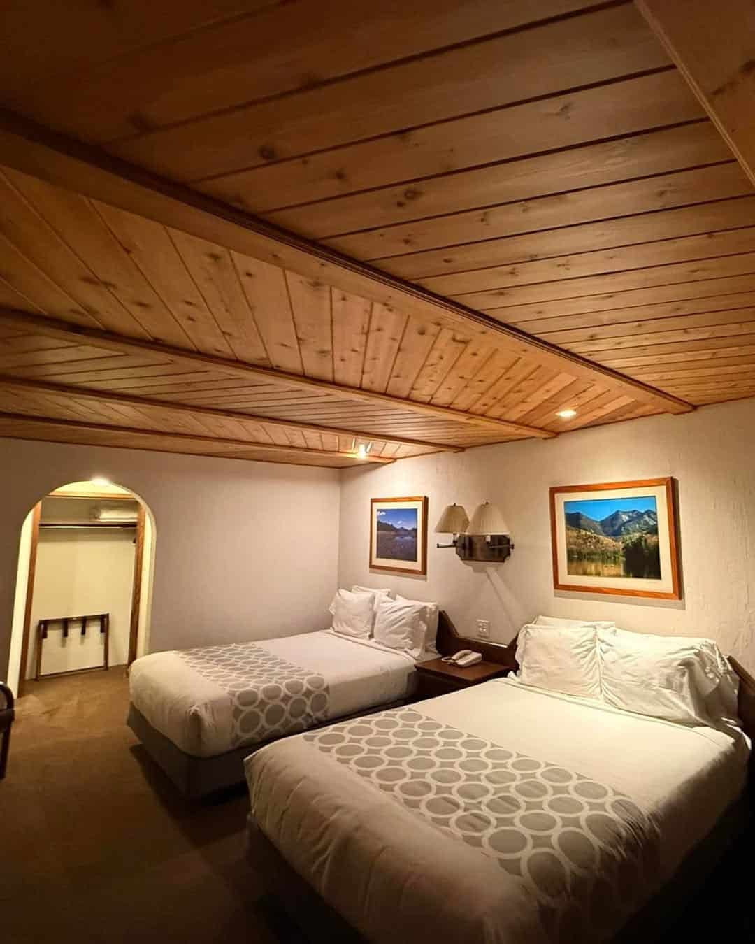 Snow-covered log lodge among pines at Lake Placid Lodge, Lake Placid, New York