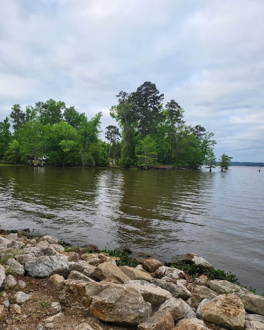 Rocky shoreline and a wooded island on the lake at Martin Dies Jr State Park