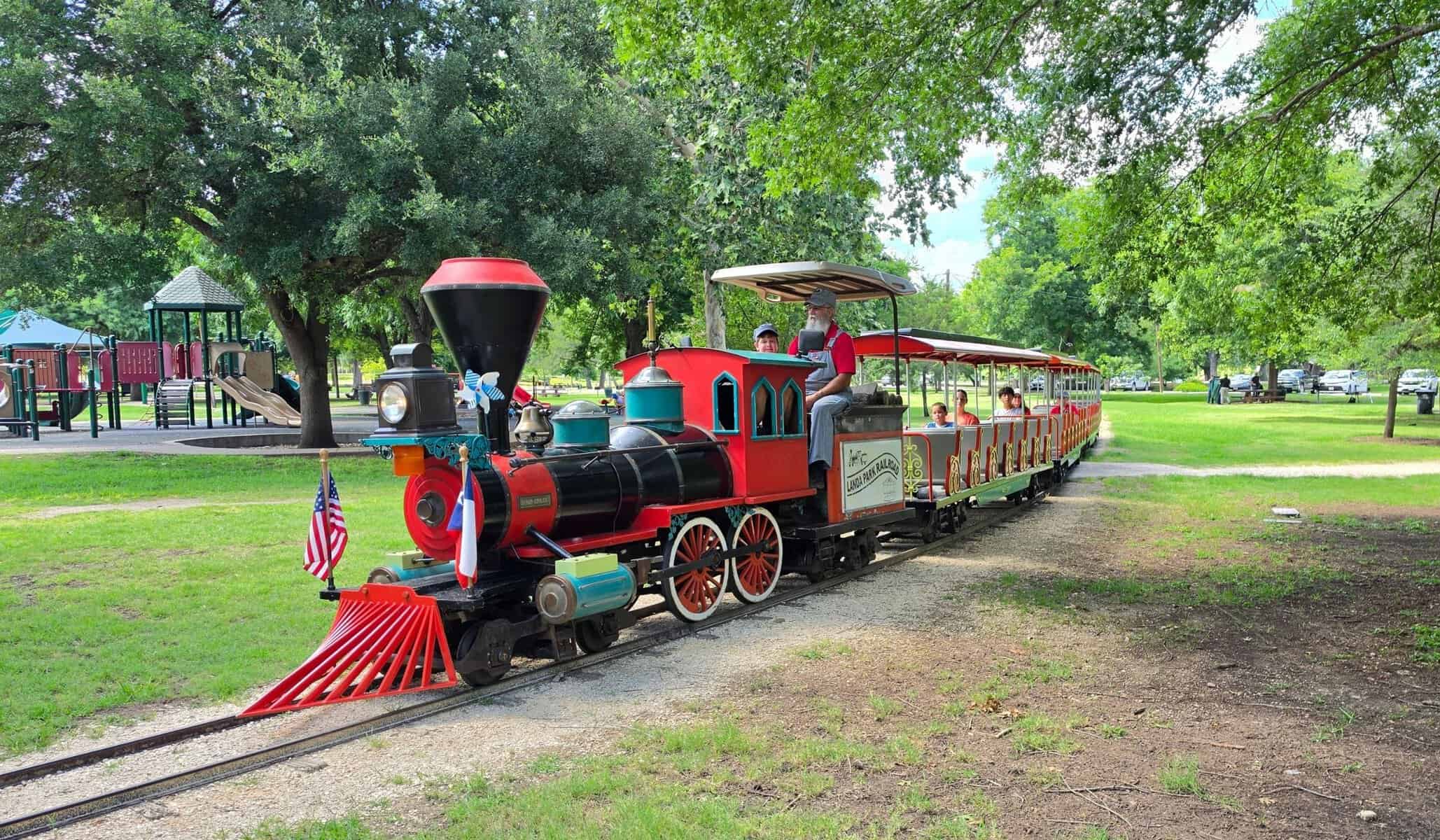 Landa Park miniature train winding through the park in New Braunfels