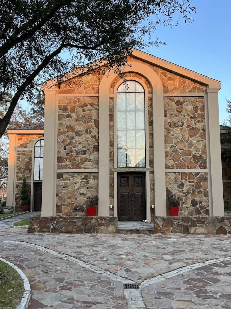 The stone exterior of the Byzantine Stone Chapel at the Lanier Theological Library in Houston