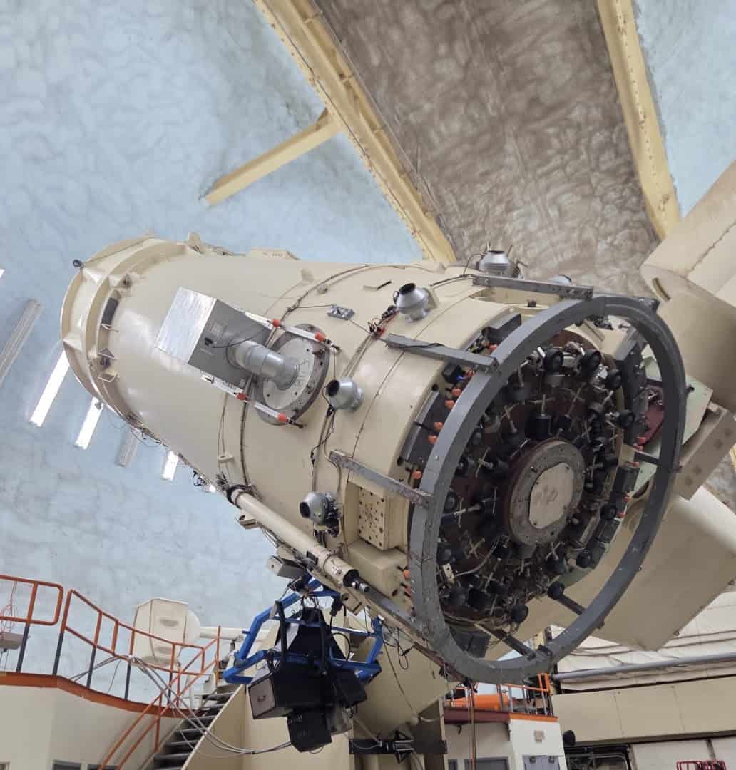 A large research telescope inside its dome at McDonald Observatory
