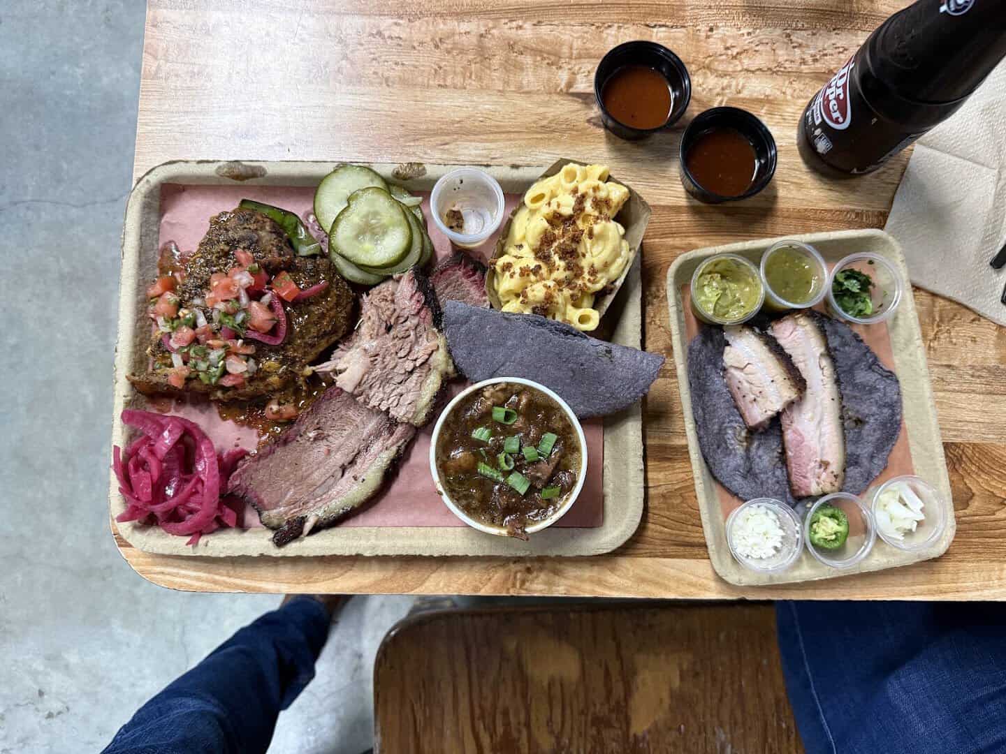 Barbecue tray with brisket, sausage and sides at LaVaca BBQ in Port Lavaca, Texas