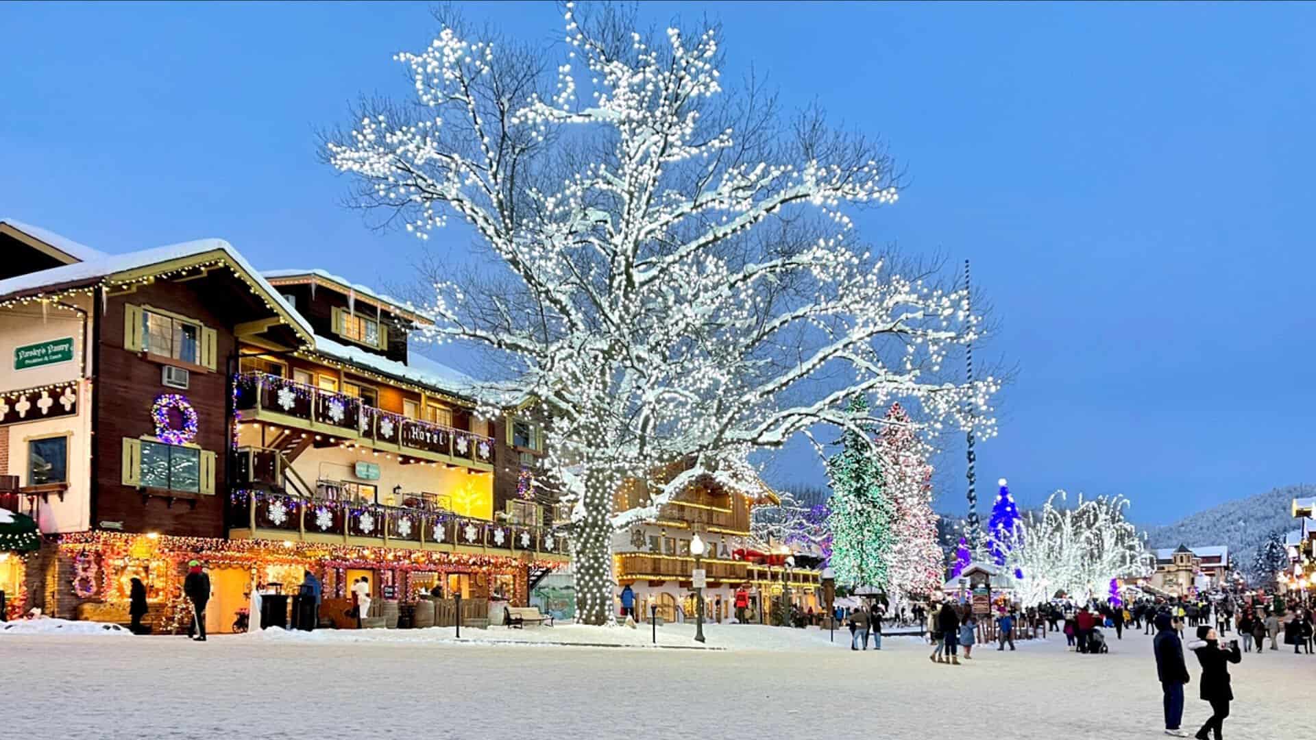 Snow-covered Bavarian village lit for Christmas in Leavenworth, Washington