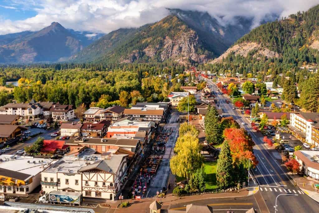 Fall foliage over the Bavarian village of Leavenworth, Washington
