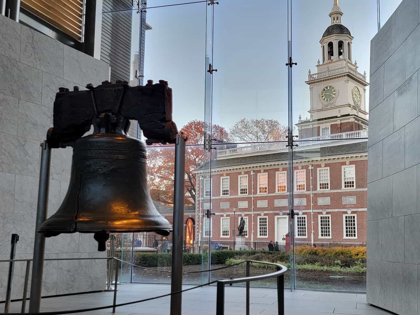 The Liberty Bell with Independence Hall framed behind it, Philadelphia, Pennsylvania