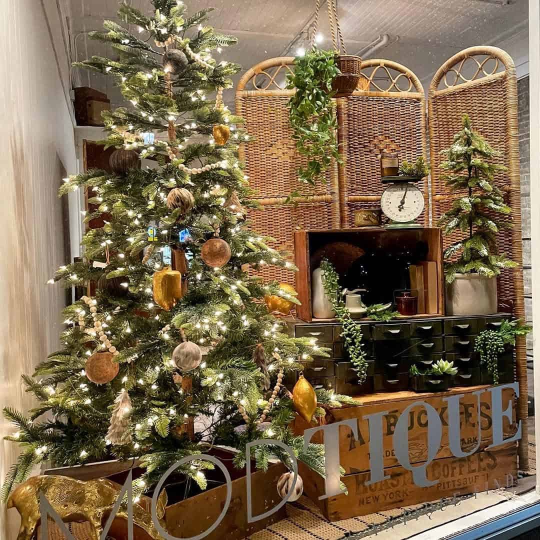 A lit and decorated Christmas tree display at the German Christmas Market, Oconomowoc, Wisconsin
